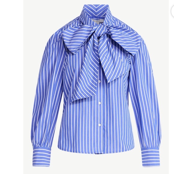 Free Assembly Tops - Free Assembly Cotton Tie Neck Blouse with Long Puff Sleeves